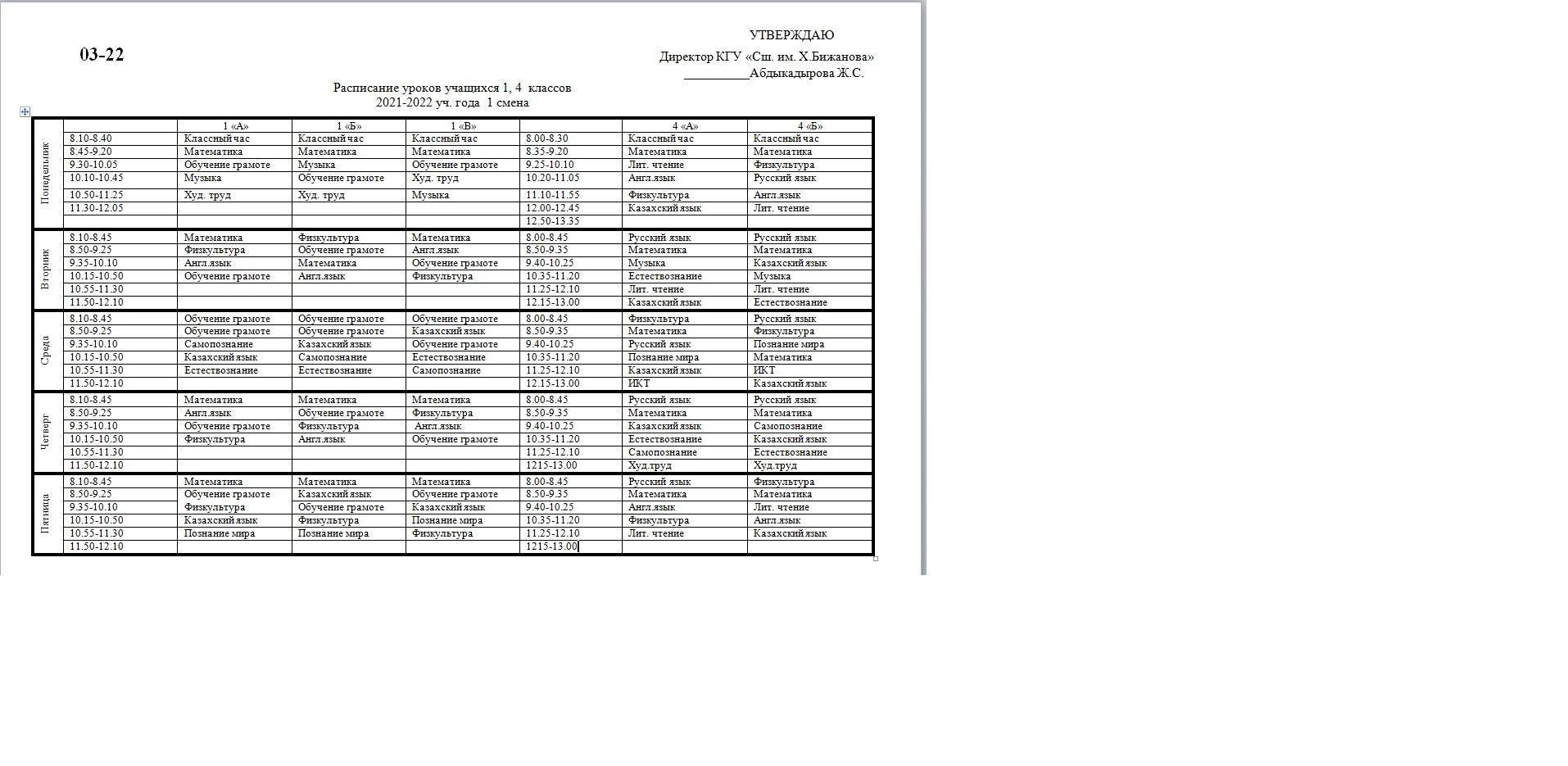Расписание уроков 1-4 классы на 1 полугодие 20021-2022 учебного года